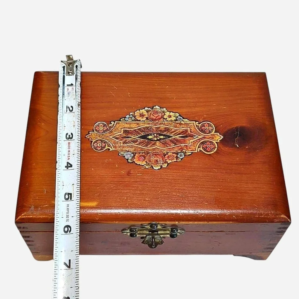 Vintage Dovetail Wood Jewelry Keepsake Box Floral Inlay Brass